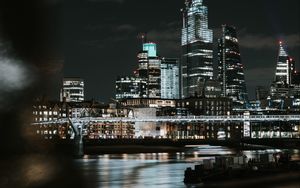 Preview wallpaper night city, buildings, lights, bridge, river, dark