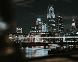 Preview wallpaper night city, buildings, lights, bridge, river, dark