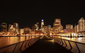 Preview wallpaper night city, buildings, lights, bridge, coast