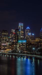 Preview wallpaper night city, buildings, lights, water, reflection