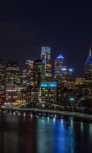 Preview wallpaper night city, buildings, lights, water, reflection