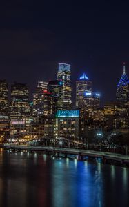 Preview wallpaper night city, buildings, lights, water, reflection