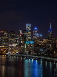 Preview wallpaper night city, buildings, lights, water, reflection