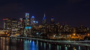 Preview wallpaper night city, buildings, lights, water, reflection