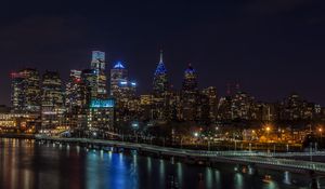 Preview wallpaper night city, buildings, lights, water, reflection