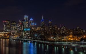 Preview wallpaper night city, buildings, lights, water, reflection