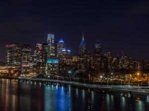 Preview wallpaper night city, buildings, lights, water, reflection