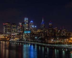 Preview wallpaper night city, buildings, lights, water, reflection