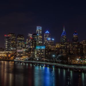 Preview wallpaper night city, buildings, lights, water, reflection