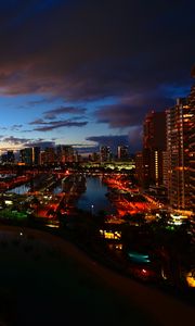 Preview wallpaper night city, buildings, lights, port