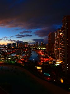 Preview wallpaper night city, buildings, lights, port