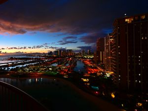 Preview wallpaper night city, buildings, lights, port