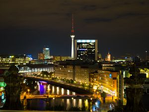Preview wallpaper night city, buildings, lights, river