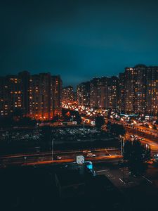 Preview wallpaper night city, buildings, lights, road, dark
