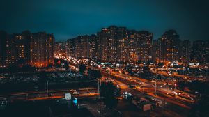 Preview wallpaper night city, buildings, lights, road, dark