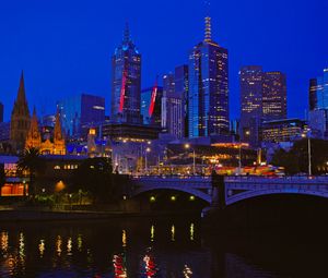 Preview wallpaper night city, buildings, lights, bridge, water
