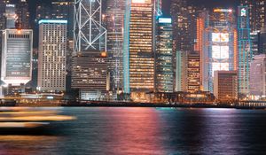 Preview wallpaper night city, buildings, lights, reflection, long exposure