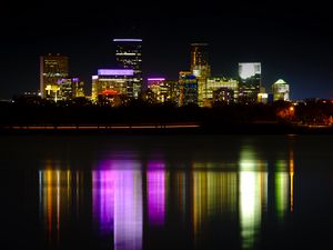 Preview wallpaper night city, buildings, lights, water, dark, reflection