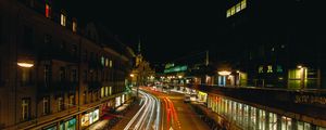 Preview wallpaper night city, buildings, long exposure, neon, stripes