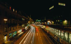 Preview wallpaper night city, buildings, long exposure, neon, stripes