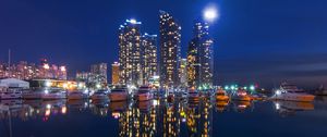 Preview wallpaper night city, buildings, night, sky, boats