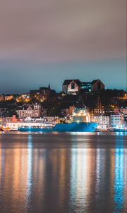 Preview wallpaper night city, buildings, port, water, reflection