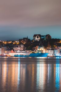 Preview wallpaper night city, buildings, port, water, reflection