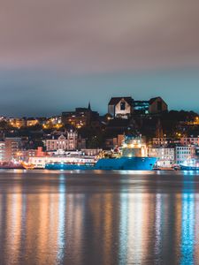 Preview wallpaper night city, buildings, port, water, reflection