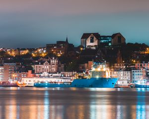 Preview wallpaper night city, buildings, port, water, reflection