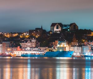 Preview wallpaper night city, buildings, port, water, reflection