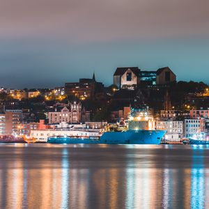 Preview wallpaper night city, buildings, port, water, reflection