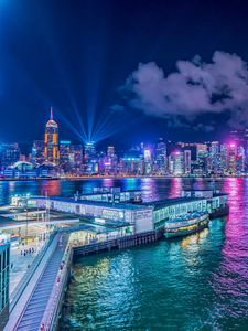 Preview wallpaper night city, buildings, rays, port, sea