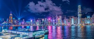 Preview wallpaper night city, buildings, rays, port, sea