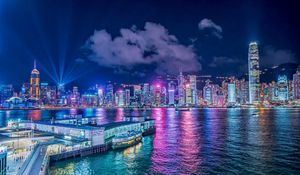 Preview wallpaper night city, buildings, rays, port, sea