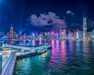 Preview wallpaper night city, buildings, rays, port, sea