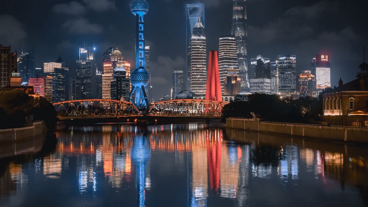 Wallpaper night city, buildings, river, lights, reflection