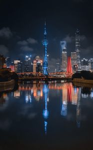 Preview wallpaper night city, buildings, river, lights, reflection