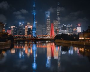 Preview wallpaper night city, buildings, river, lights, reflection