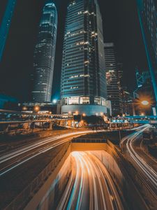 Preview wallpaper night city, buildings, road, architecture, skyscrapers, lights