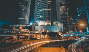 Preview wallpaper night city, buildings, road, architecture, skyscrapers, lights