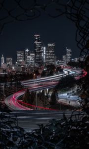 Preview wallpaper night city, buildings, roads, lights, long exposure