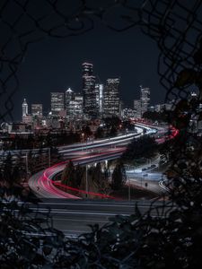 Preview wallpaper night city, buildings, roads, lights, long exposure