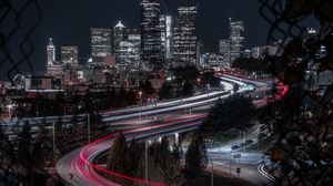 Preview wallpaper night city, buildings, roads, lights, long exposure