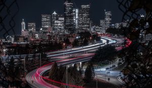 Preview wallpaper night city, buildings, roads, lights, long exposure