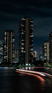 Preview wallpaper night city, buildings, skyscrapers, lights, long exposure, dark