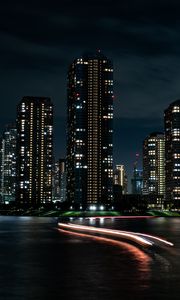 Preview wallpaper night city, buildings, skyscrapers, lights, long exposure, dark