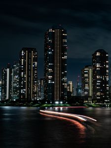 Preview wallpaper night city, buildings, skyscrapers, lights, long exposure, dark