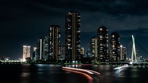 Preview wallpaper night city, buildings, skyscrapers, lights, long exposure, dark