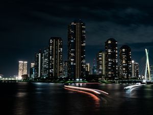 Preview wallpaper night city, buildings, skyscrapers, lights, long exposure, dark