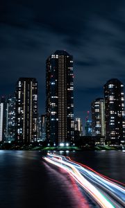 Preview wallpaper night city, buildings, skyscrapers, coast, lights, long exposure